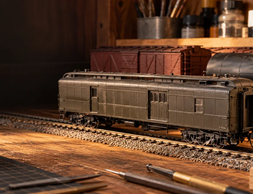 Illustrative image of a detailed model railroad baggage car on a workbench